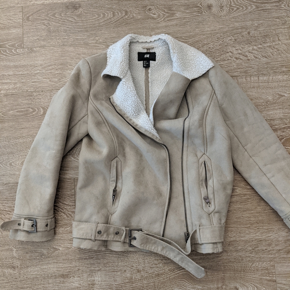 H&M | Shearling Lined Moto Zip Up Jacket
